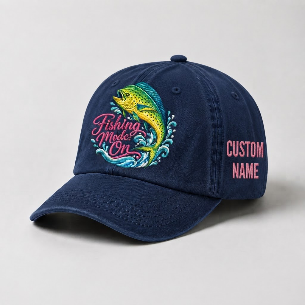 Fishing Mode On Hat For Women, Custom Fishing Hat For Women, Personalized Mahi Mahi Embroidery Cap,  Gift For Her