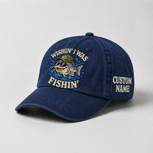 Custom Catfish Fishing Embroidered Hat, Wishin I Was Fishin Cap, Personalized Fisherman Dad Hat, Vintage Wash Fishing Gift - 3