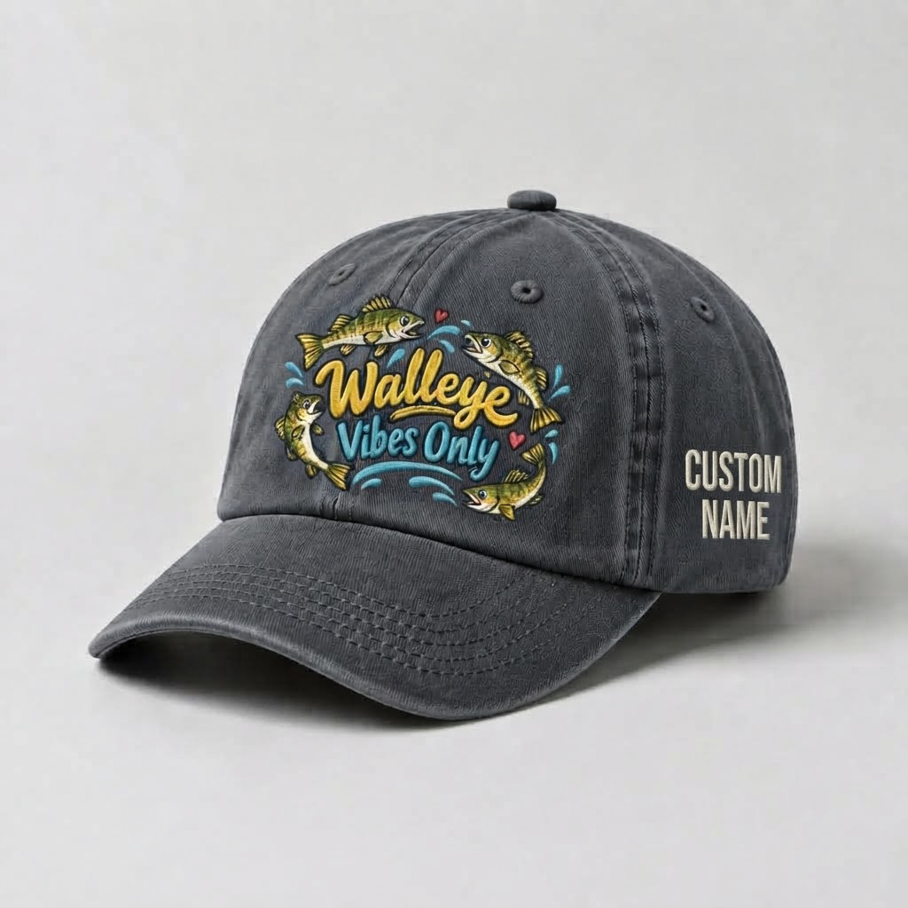 Custom Walleye Hat, Personalized Walleye Vibes Only Fishing Cap, Vintage Angler Gift, Fisherman Dad Hat, Outdoor Sports Embroidered Hat