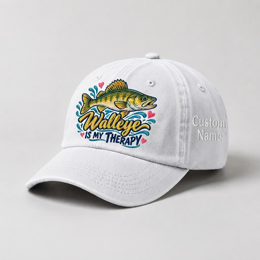 Custom Walleye Hat, Personalized Walleye Is My Therapy Fishing Cap, Vintage Angler Gift, Fisherman Dad Hat, Outdoor Sports Embroidered Hat