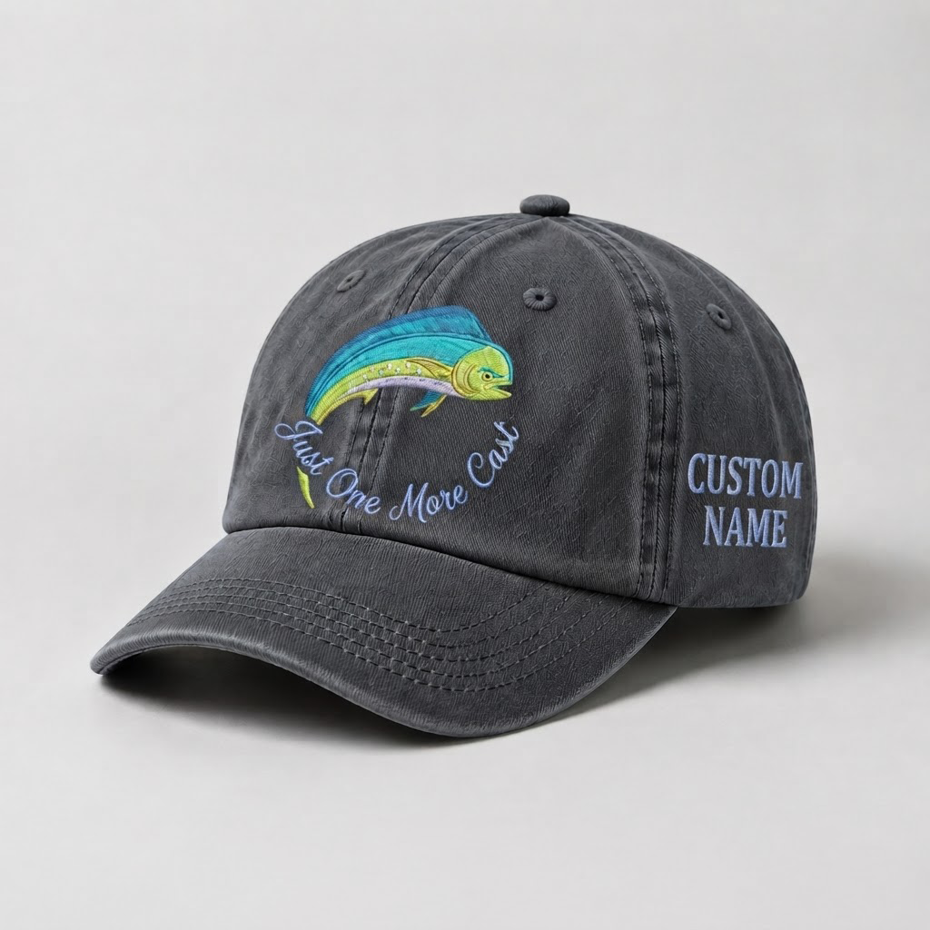 Just One More Cast Hat, Custom Fishing Hat for Women, Personalized Mahi Mahi Fish Embroidery Cap, Gift for Her