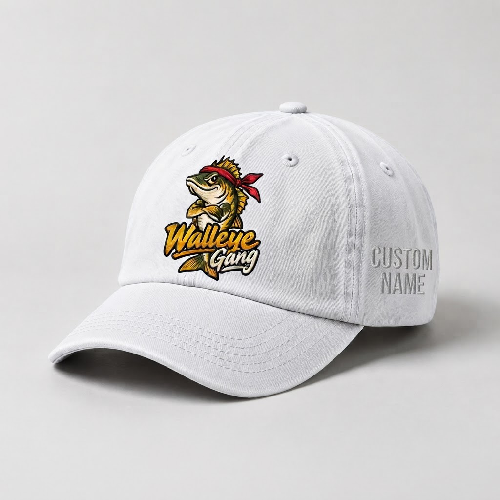 Custom Name Walleye Hat, Personalized Walleye Gang Fishing Cap, Vintage Fisherman Gift, Embroidered Outdoor Dad Hat