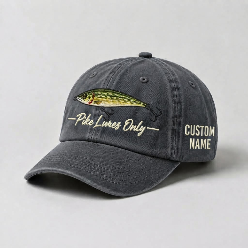 Pike Hat, Personalized Fishing Cap, Custom Name Embroidered Dad Hat, Pike Lures Only Vintage Fisherman Gift, Outdoor Angler Enthusiast