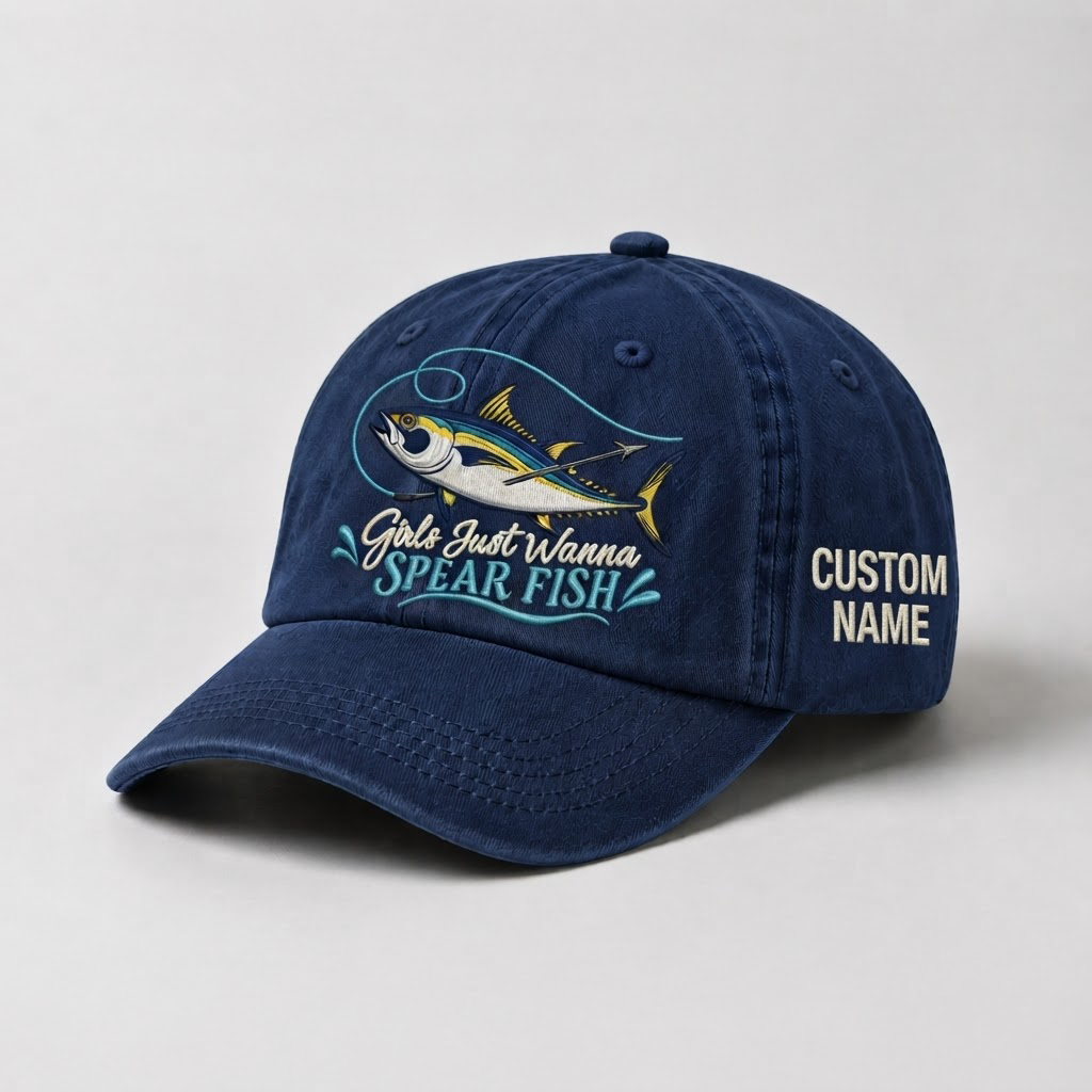Spearfishing Hats For Women, Girls Just Wanna Spear Fish Custom Embroidered Cap, Personalized Vintage Washed Hat, Scuba Diving Gift