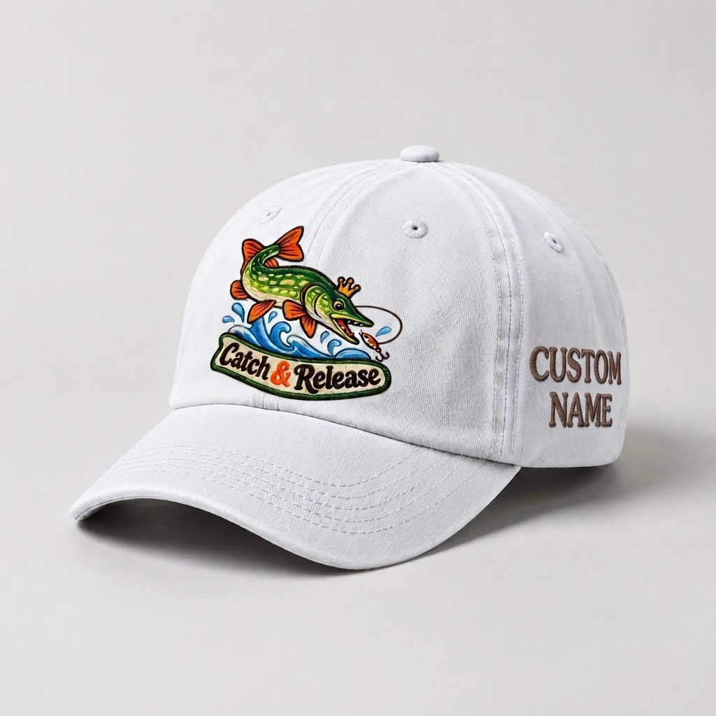 Pike Hat, Custom Catch And Release Embroidered Cap, Personalized Fisherman Gift, Vintage Washed Cotton Dad Hat, Fishing Merch