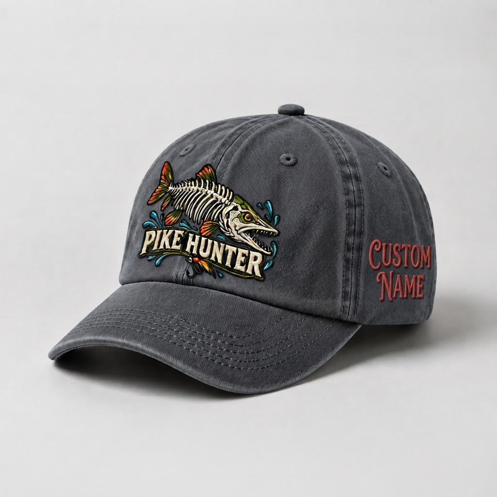 Pike Hat, Custom Pike Hunter Embroidered Cap, Personalized Fisherman Gift, Vintage Washed Cotton Dad Hat, Fishing Merch