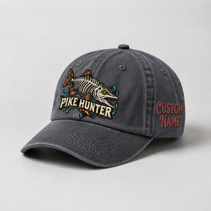 Pike Hat, Custom Pike Hunter Embroidered Cap, Personalized Fisherman Gift, Vintage Washed Cotton Dad Hat, Fishing Merch - 1