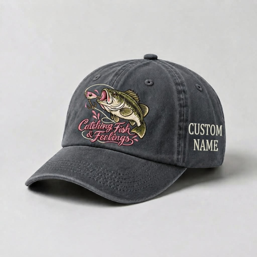 Catching Fish & Feelings Custom Name Hat, Largemouth Bass Embroidered Cap, Cute Fishing Gifts for Women, Outdoors Fisherwoman Hat