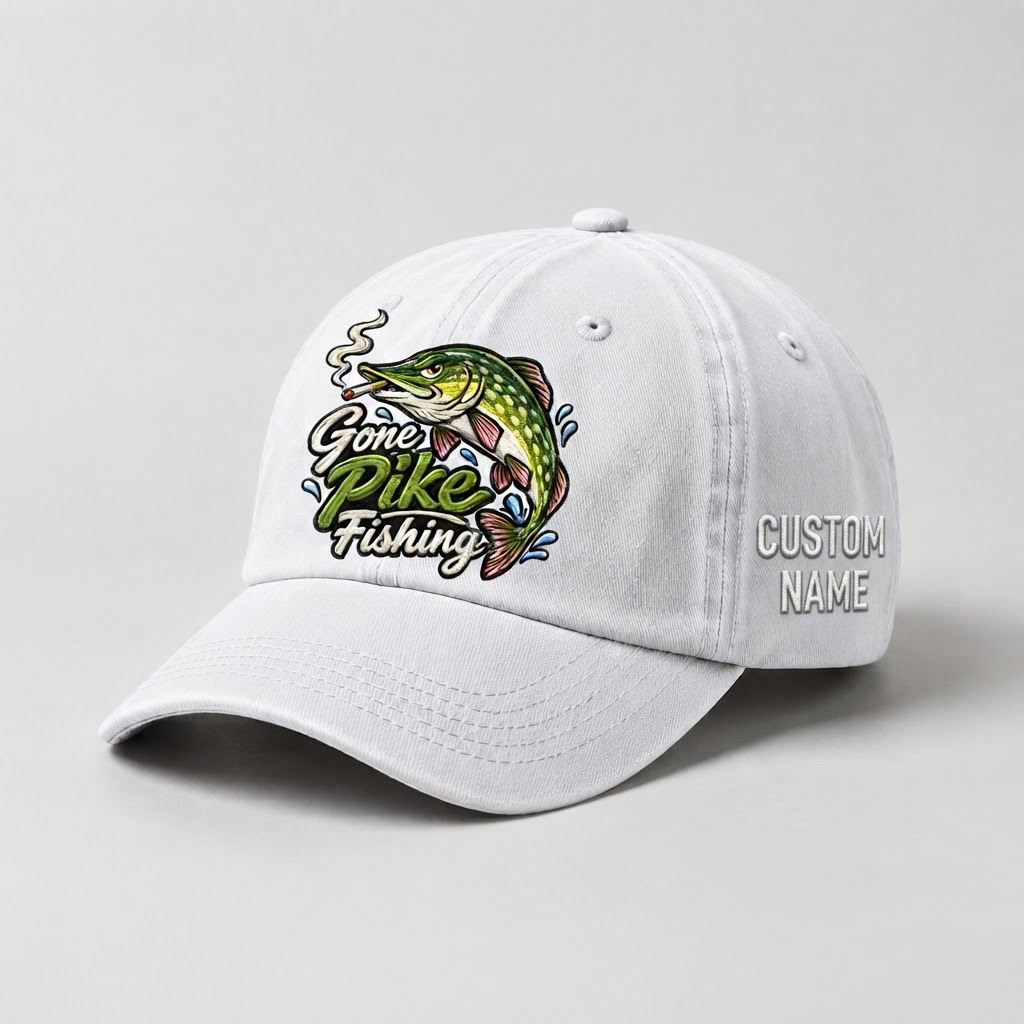 Pike Hat, Custom Gone Pike Fishing Embroidered Cap, Personalized Fisherman Gift, Vintage Washed Cotton Dad Hat, Fishing Merch