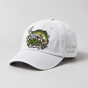 Pike Hat, Custom Gone Pike Fishing Embroidered Cap, Personalized Fisherman Gift, Vintage Washed Cotton Dad Hat, Fishing Merch - 4