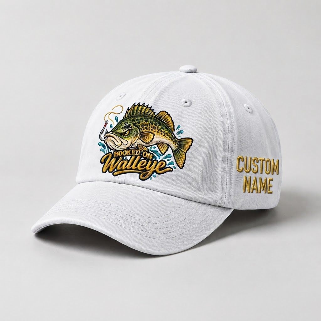 Custom Walleye Hat, Personalized Hooked On Walleye Fishing Cap, Vintage Angler Gift, Fisherman Dad Hat, Outdoor Sports Embroidered Hat