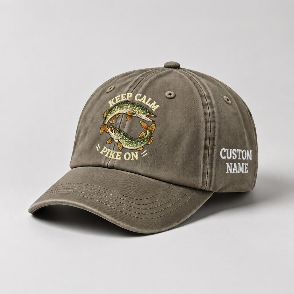 Pike Hat, Personalized Fishing Cap, Custom Name Embroidered Hat, Keep Calm Pike On Vintage Dad Hat, Angler Gift