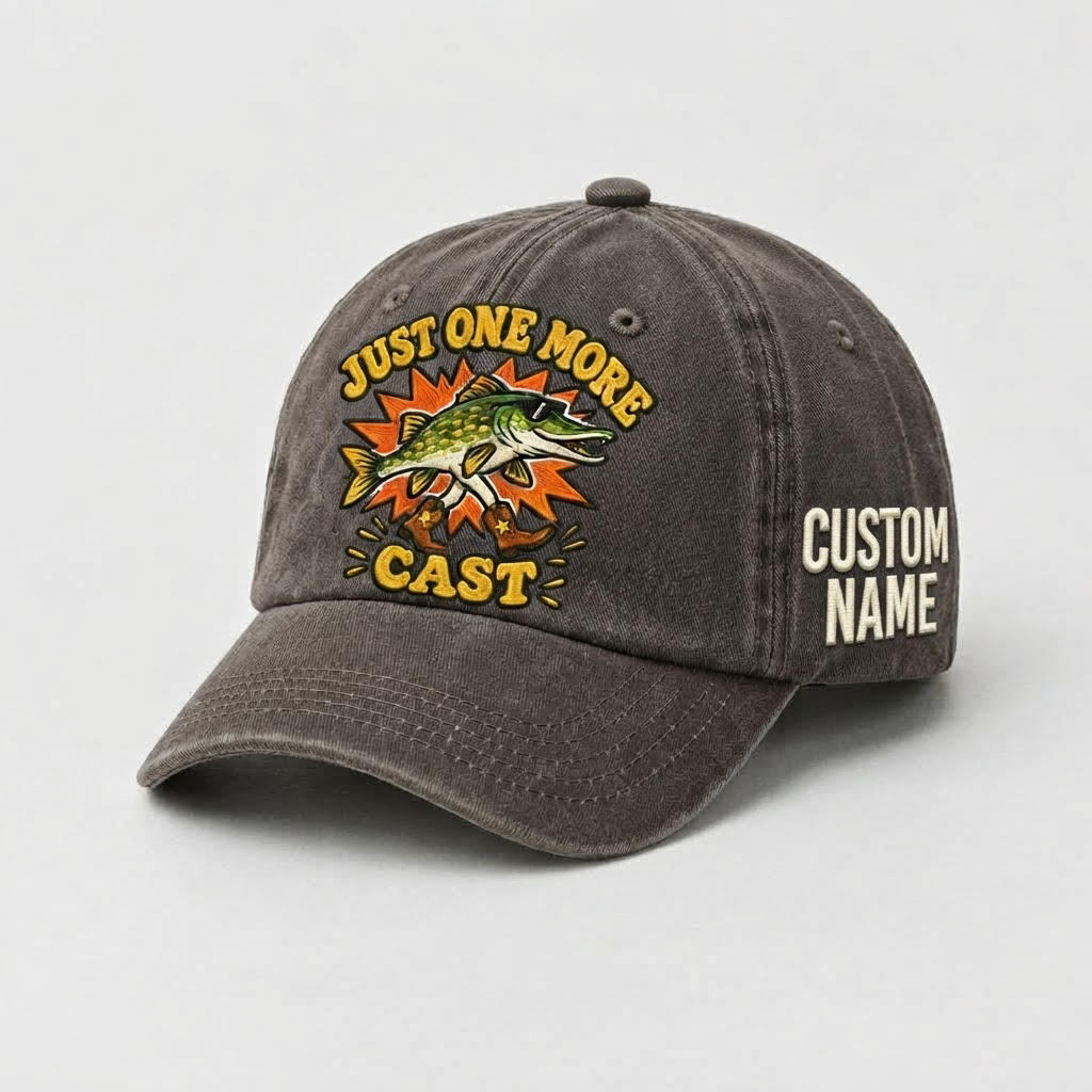 Pike Hat, Custom Just One More Cast Embroidered Cap, Personalized Fisherman Gift, Vintage Washed Cotton Dad Hat, Fishing Merch