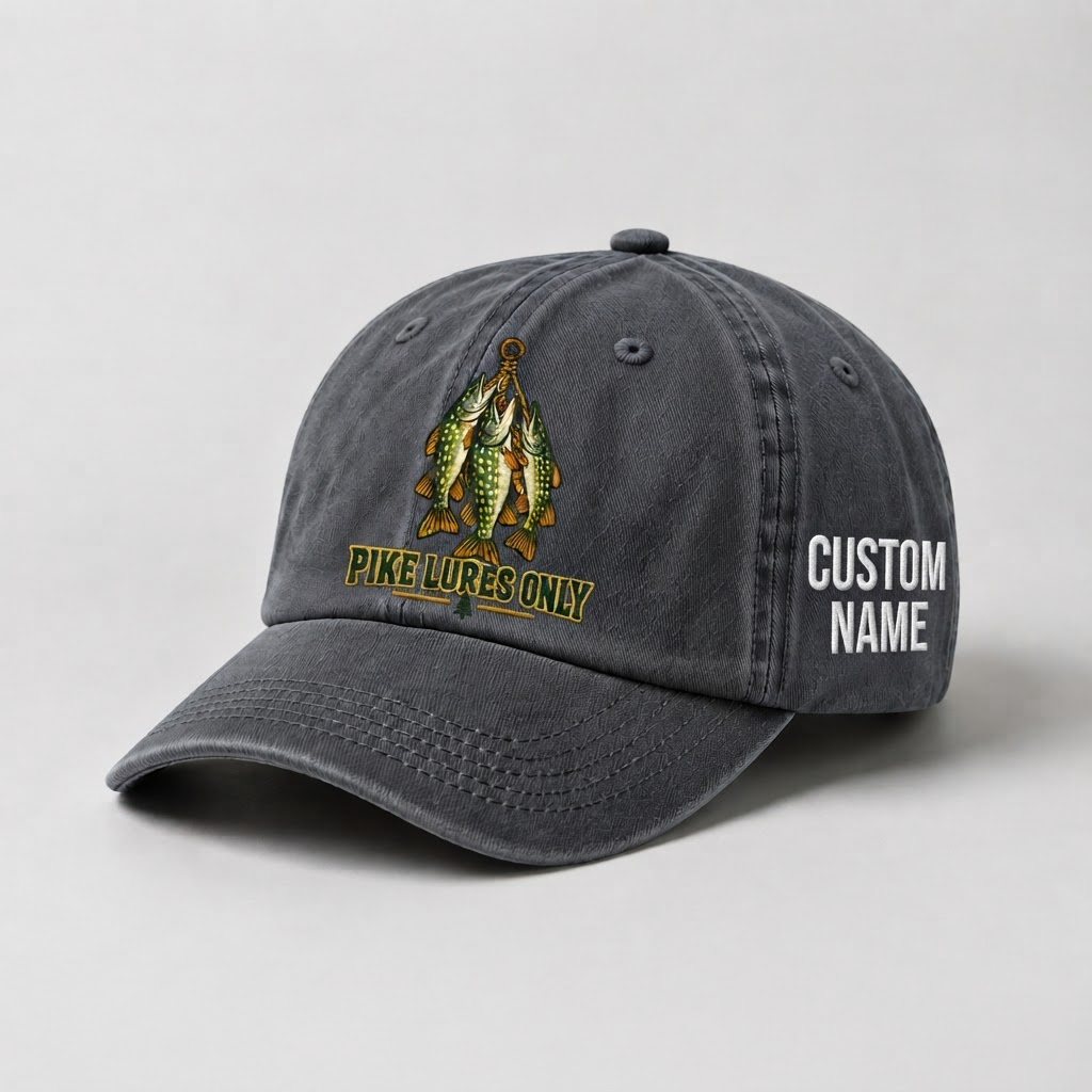 Pike Hat, Personalized Fishing Cap, Custom Name Embroidered Dad Hat, Pike Lures Only Vintage Fisherman Gift, Outdoor Angler Enthusiast