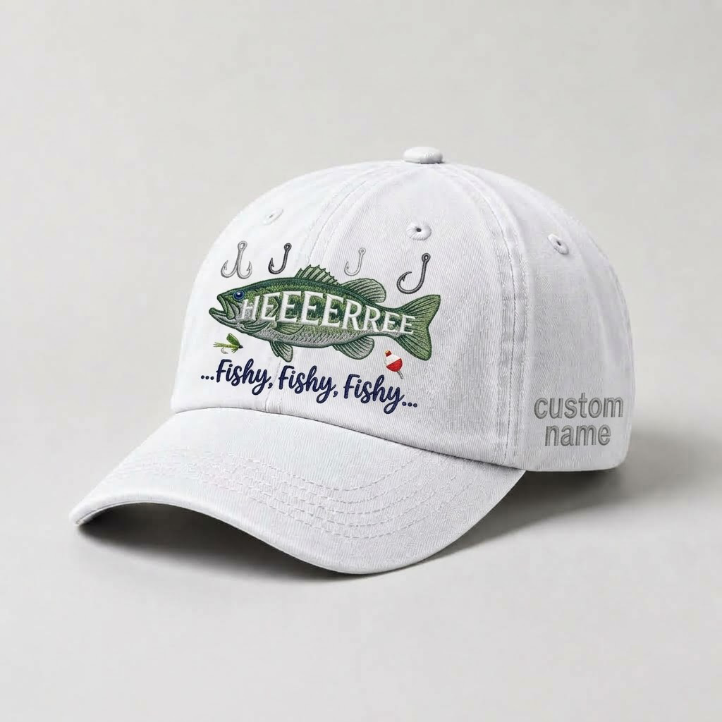 Hat Embroidered Bass Cap Here Fishy Fishy Fishy Personalized Fisherman Gift For Him Dad Fishing Hat