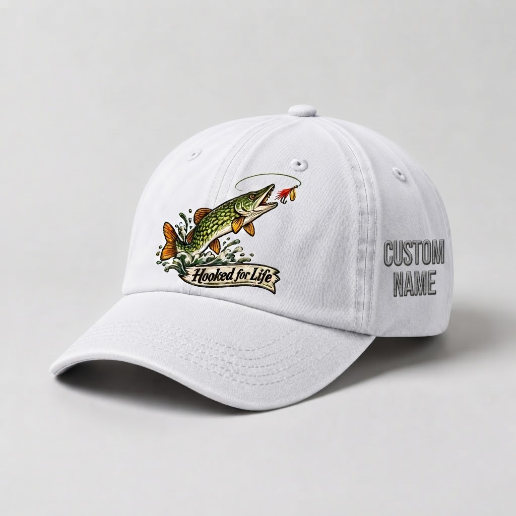 Pike Hat, Custom Hooked For Life Embroidered Cap, Personalized Fisherman Gift, Vintage Washed Cotton Dad Hat, Fishing Merch