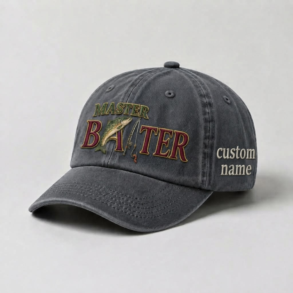 Master Baiter Trout Fishing Embroidered Hat, Personalized Dad Cap, Custom Trout Fisherman Gift, Vintage Washed Baseball Hat