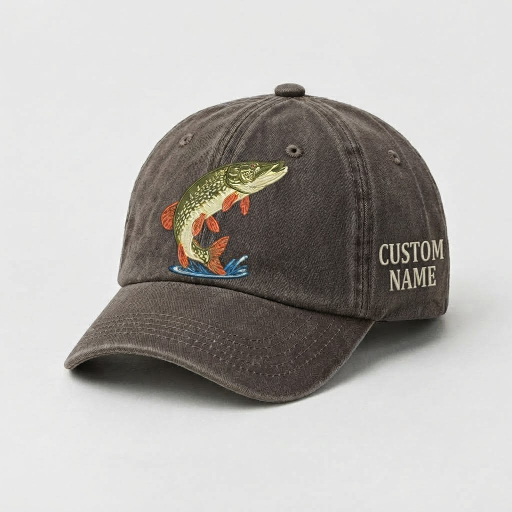 Jumping Pike Embroidered Hat, Freshwater Fishing Dad Cap