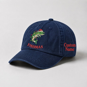 Merry Fishmas Embroidered Hat, Custom Name Christmas Trout Fishing Cap, Vintage Fisherman Dad Hat, Holiday Outdoor Gift, Cute Angler Cap - 3