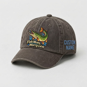 Pike Hat, Custom Fish More Worry Less Embroidered Cap, Personalized Fisherman Gift, Vintage Washed Cotton Dad Hat, Fishing Merch - 5