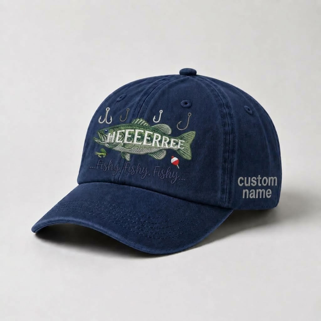 Hat Embroidered Bass Cap Here Fishy Fishy Fishy Personalized Fisherman Gift For Him Dad Fishing Hat