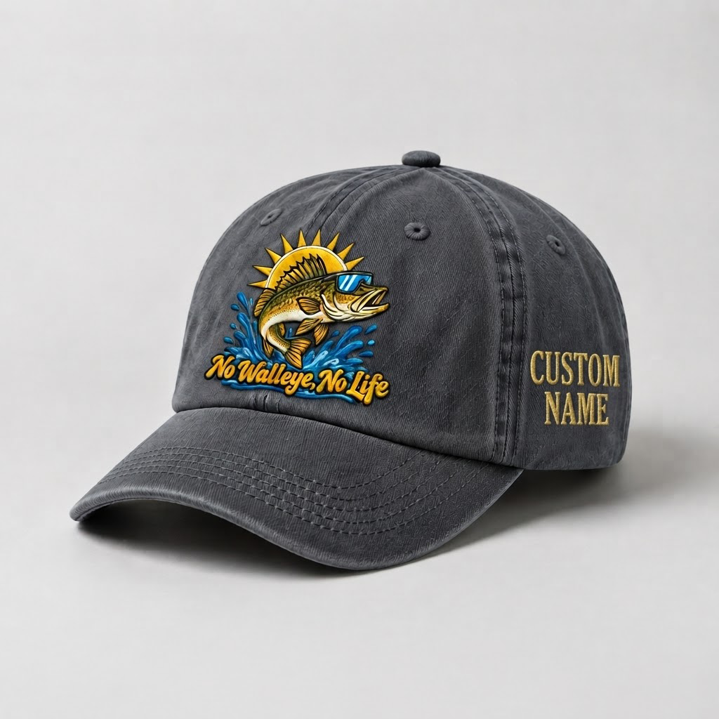 Custom Name Walleye Hat, Personalized No Walleye No Life Fishing Cap, Vintage Fisherman Gift, Embroidered Outdoor Dad Hat