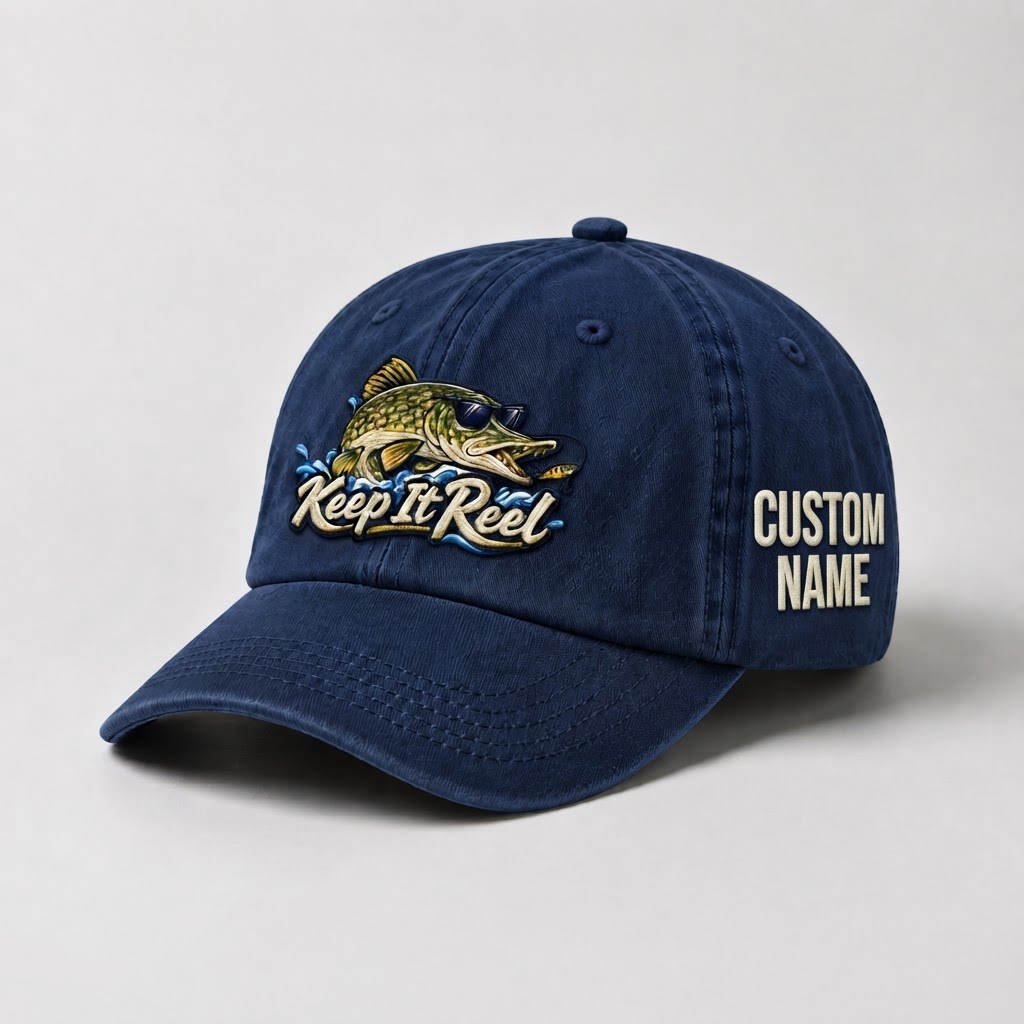Pike Hat, Custom Keep It Reel Embroidered Cap, Personalized Fisherman Gift, Vintage Washed Cotton Dad Hat, Fishing Merch