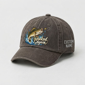 Custom Name Walleye Hat, Personalized Hooked Again Fishing Cap, Vintage Fisherman Gift, Embroidered Outdoor Dad Hat - 5