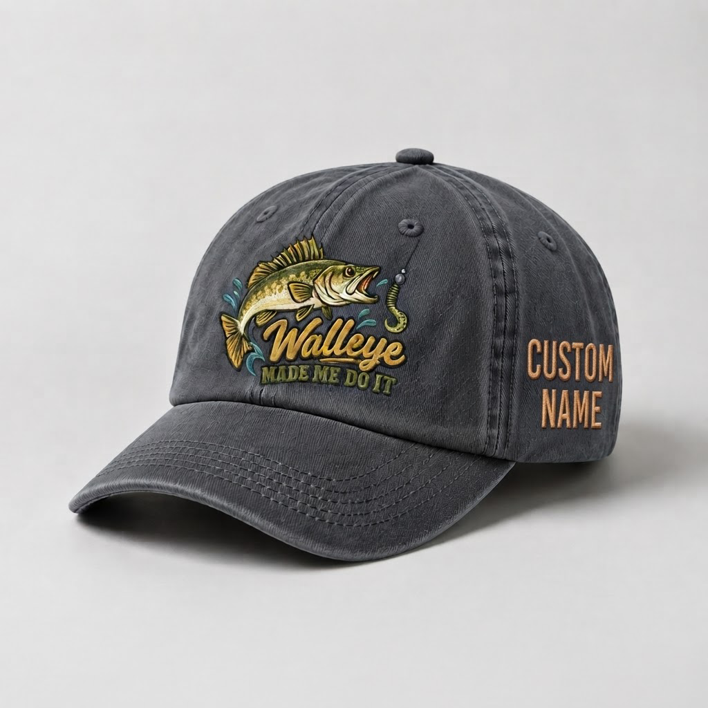 Custom Walleye Hat, Personalized Walleye Made Me Do It Fishing Cap, Vintage Angler Gift, Fisherman Dad Hat, Outdoor Sports Embroidered Hat