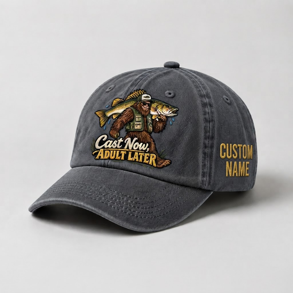 Personalized Walleye Hat, Custom Name Cast Now Adult Later Fishing Cap, Vintage Fisherman Gift, Embroidered Outdoor Dad Hat