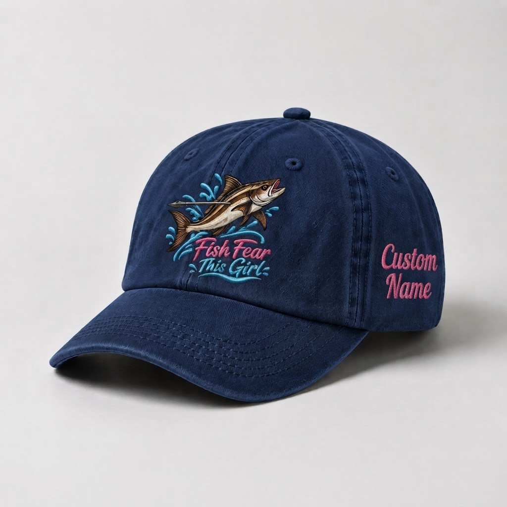 Spearfishing Hats For Women, Fish Fear This Girl Custom Embroidered Baseball Cap, Personalized Vintage Washed Hat, Scuba Diving Gift