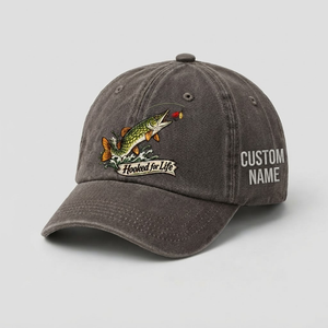 Pike Hat, Custom Hooked For Life Embroidered Cap, Personalized Fisherman Gift, Vintage Washed Cotton Dad Hat, Fishing Merch - 5