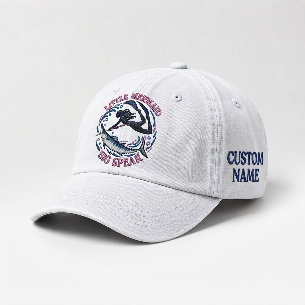 Spearfishing Hats For Women, Little Mermaid Big Spear Custom Embroidered Baseball Cap, Personalized Vintage Washed Hat, Scuba Diving Gift