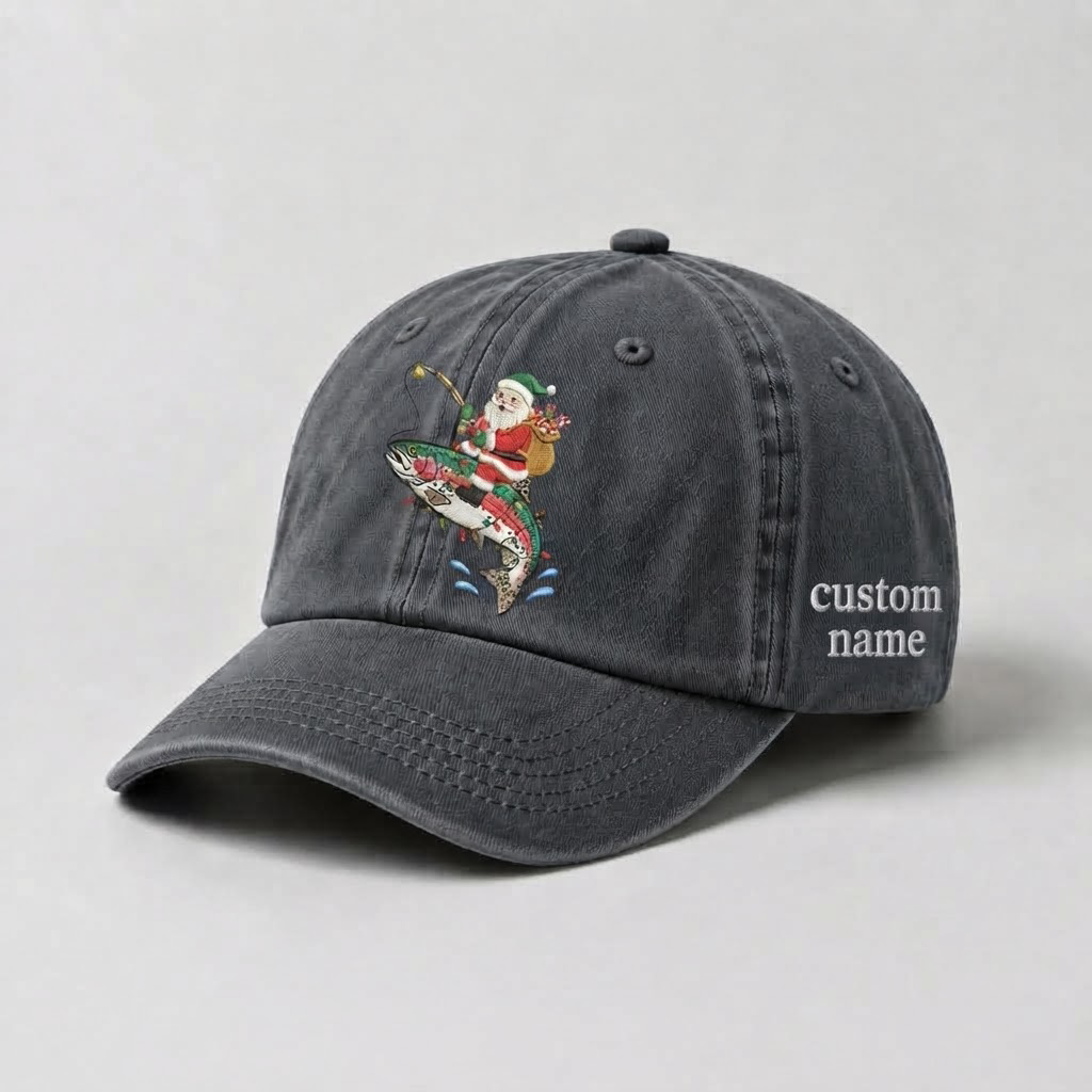 Santa Fishing Trout Embroidered Hat, Custom Name Christmas Baseball Cap, Vintage Fisherman Dad Hat, Outdoor Holiday Gift, Cute Winter Hat