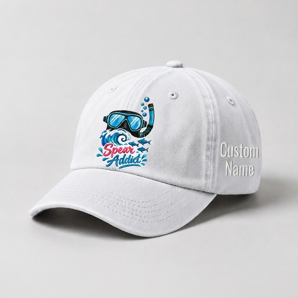 Spear Addict Hat for Women, Personalized Scuba Diving Hat, Custom Name Embroidered Cap, Spearfishing Gift, Ocean Lover Baseball Hat