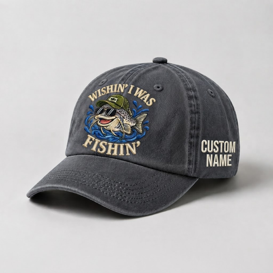 Custom Catfish Fishing Embroidered Hat, Wishin I Was Fishin Cap, Personalized Fisherman Dad Hat, Vintage Wash Fishing Gift