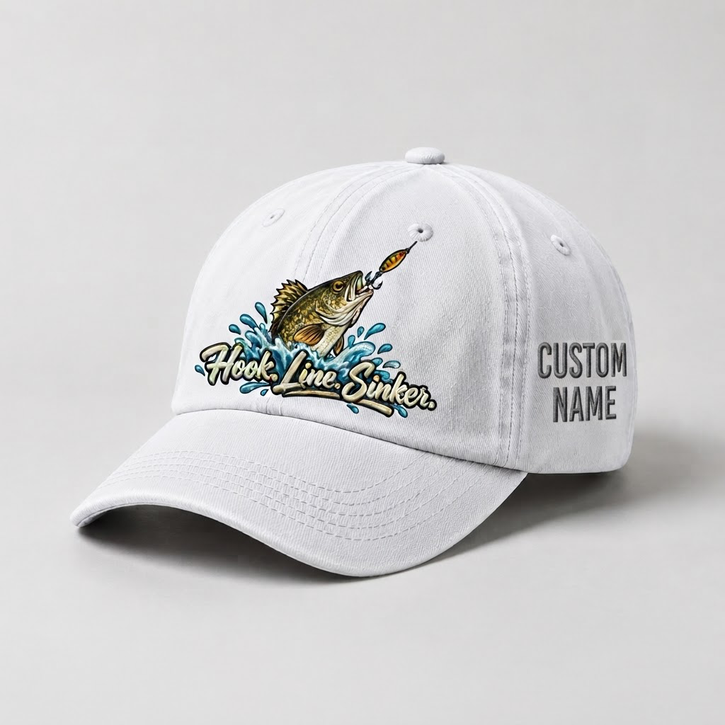 Personalized Walleye Hat, Custom Name Hook Line Sinker Fishing Cap, Vintage Fisherman Gift, Embroidered Outdoor Dad Hat