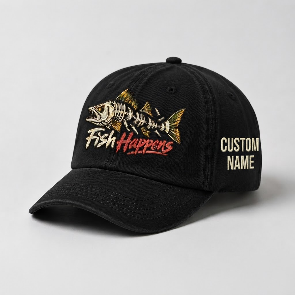 Personalized Walleye Hat, Custom Name Fish Happens Fishing Cap, Vintage Fisherman Gift, Embroidered Outdoor Dad Hat