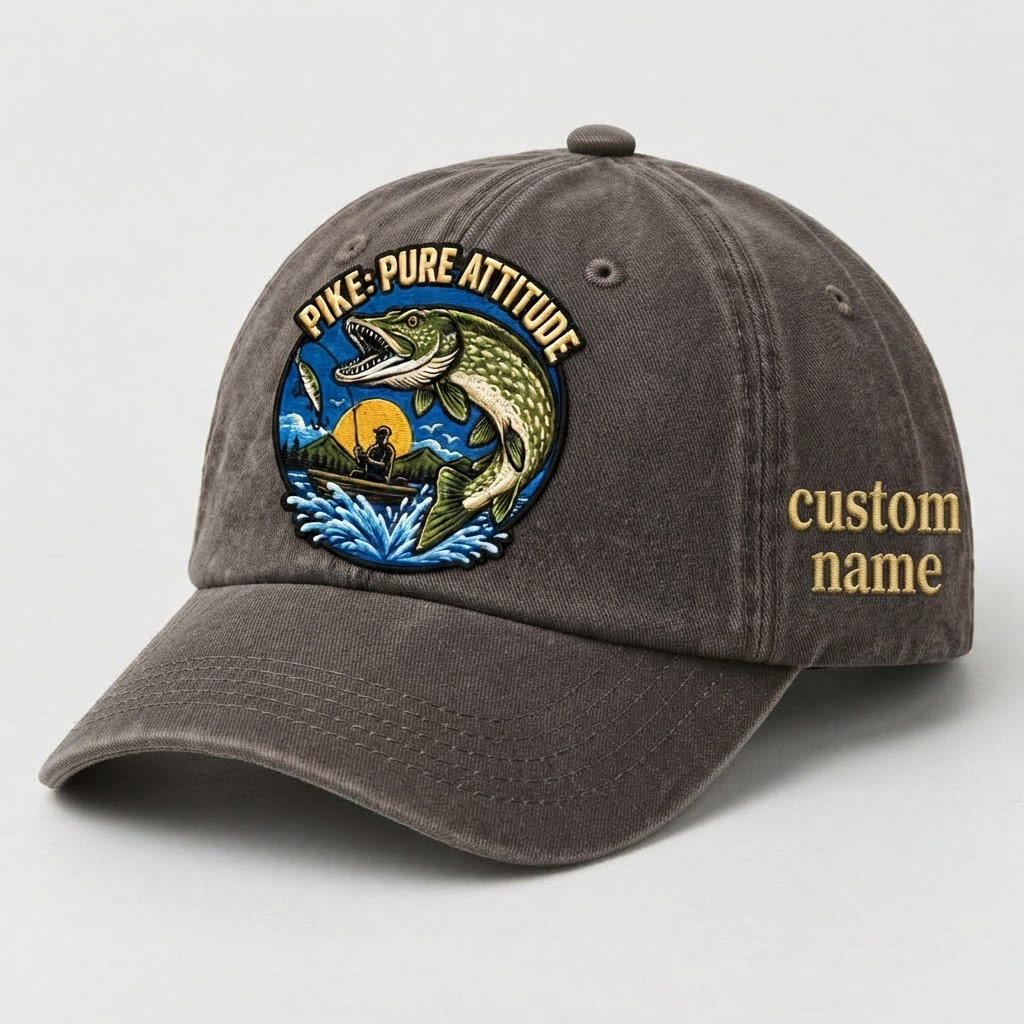 Pike Hat, Custom Name Fisherman Cap, Pike Pure Attitude Fishing Hat, Personalized Angler Gift, Vintage Embroidered Dad Baseball Cap
