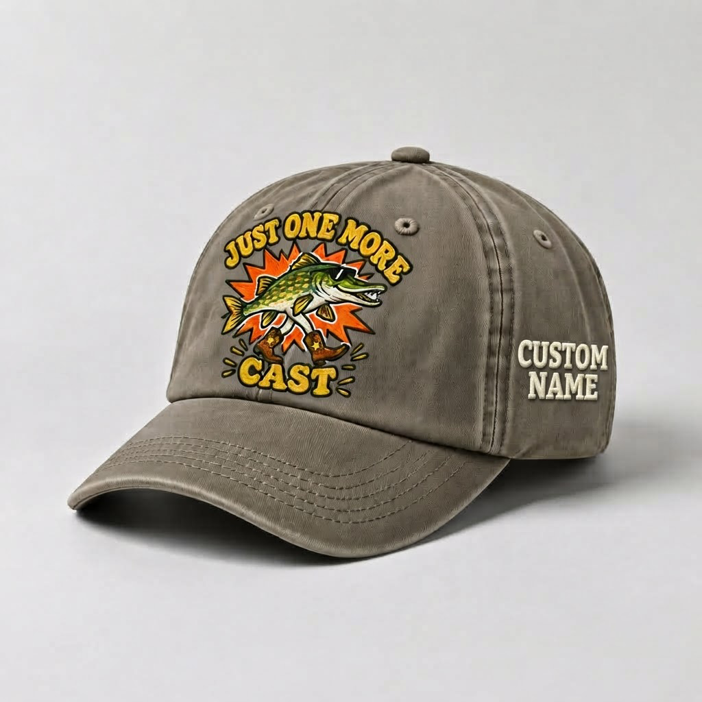 Pike Hat, Custom Just One More Cast Embroidered Cap, Personalized Fisherman Gift, Vintage Washed Cotton Dad Hat, Fishing Merch