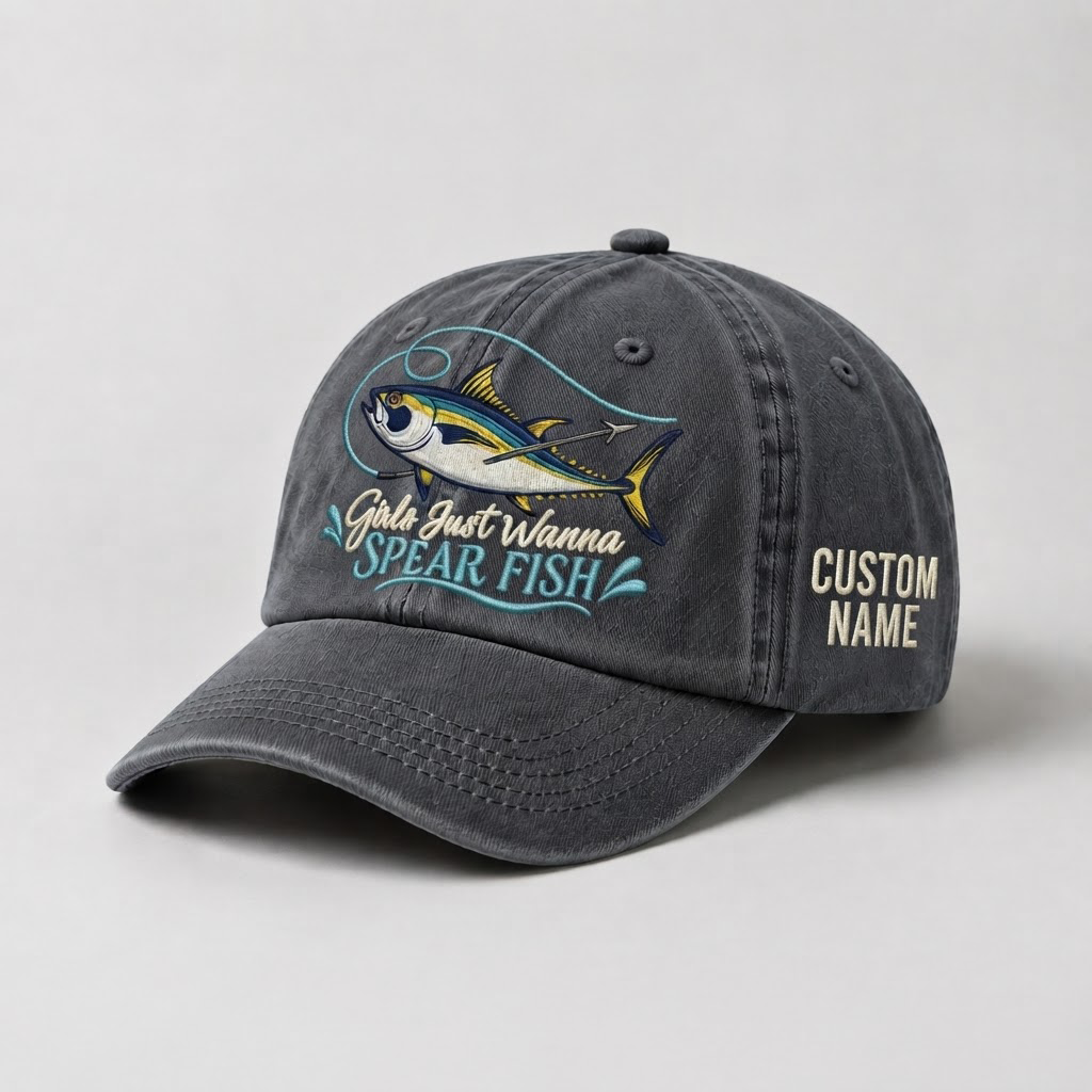 Spearfishing Hats For Women, Girls Just Wanna Spear Fish Custom Embroidered Cap, Personalized Vintage Washed Hat, Scuba Diving Gift