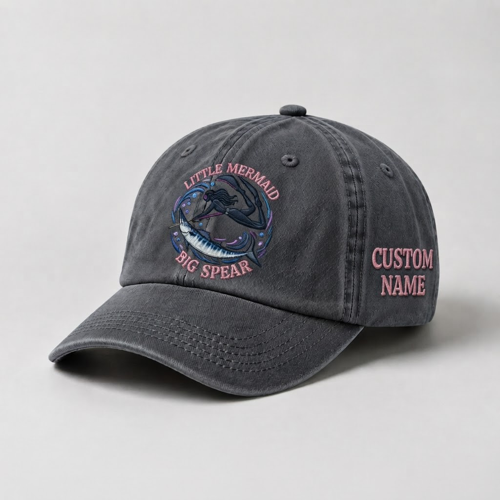 Spearfishing Hats For Women, Little Mermaid Big Spear Custom Embroidered Baseball Cap, Personalized Vintage Washed Hat, Scuba Diving Gift