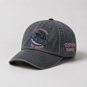 Spearfishing Hats For Women, Little Mermaid Big Spear Custom Embroidered Baseball Cap, Personalized Vintage Washed Hat, Scuba Diving Gift - 1