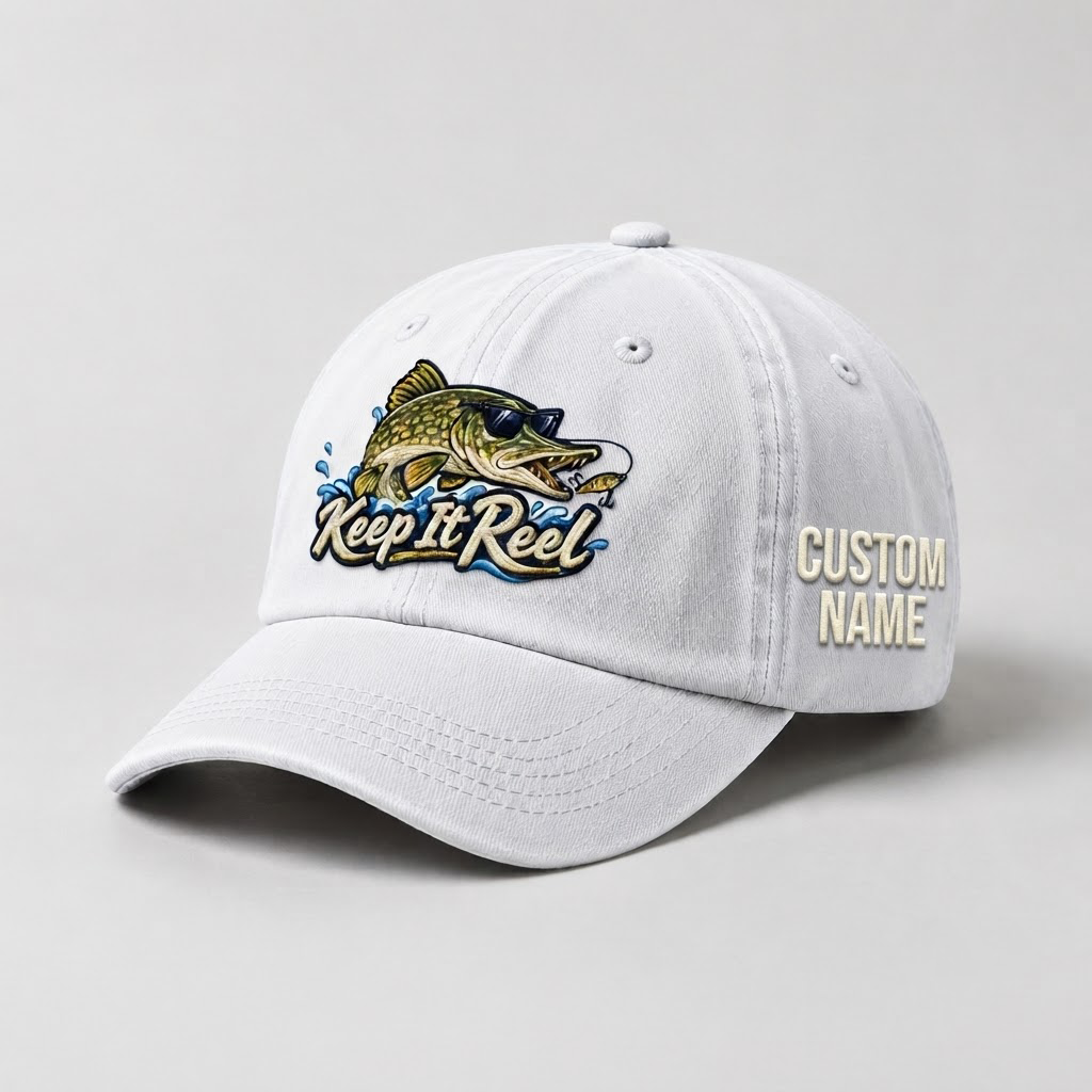Pike Hat, Custom Keep It Reel Embroidered Cap, Personalized Fisherman Gift, Vintage Washed Cotton Dad Hat, Fishing Merch