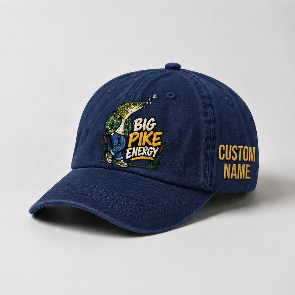 Pike Hat, Custom Big Pike Energy Embroidered Cap, Personalized Fisherman Gift, Vintage Washed Cotton Dad Hat, Fishing Merch
