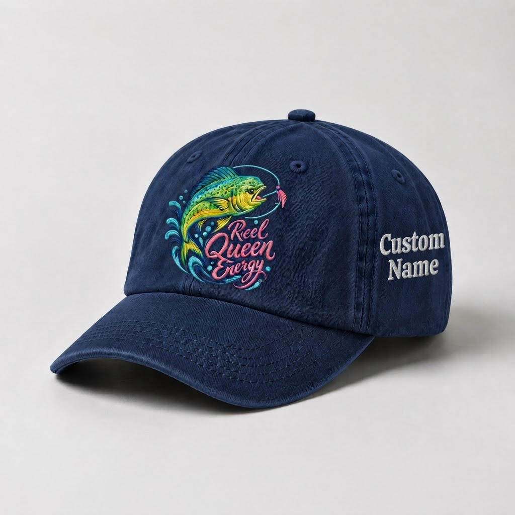 Reel Queen Energy Hat for Women, Custom Fishing Hat for Women, Personalized Mahi Mahi Embroidery Cap,  Gift for Her