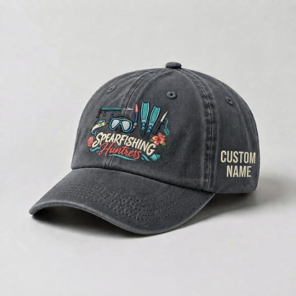 Spearfishing Hats For Women, Spearfishing Huntress Custom Embroidered Baseball Cap, Personalized Vintage Washed Hat, Scuba Diving Gift