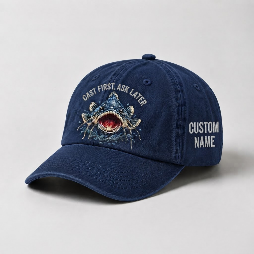 Cast First Ask Later Embroidered Cap, Personalized Fisherman Gift, Catfish Fishing Hat,   Vintage Dad Hat, Outdoor Angler Cap