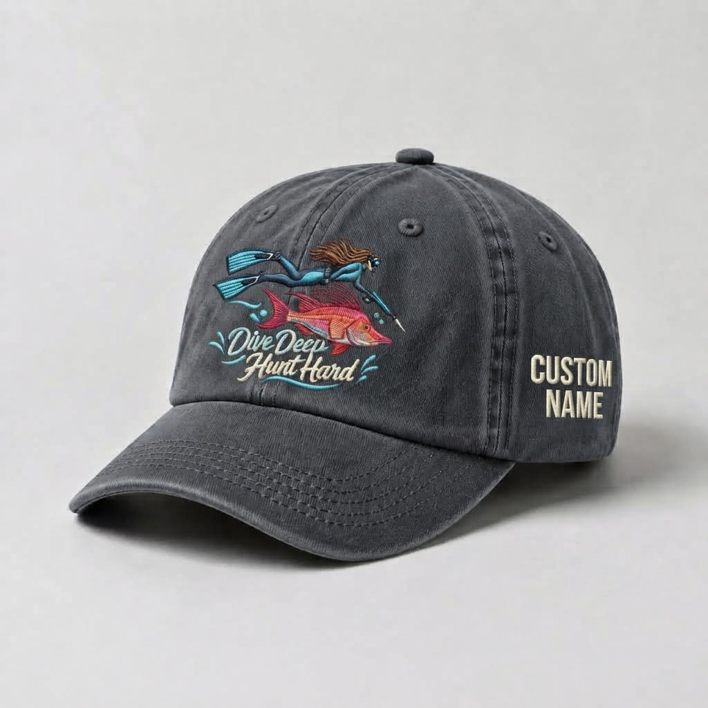 Spearfishing Hats For Women, Dive Deep Hunt Hard Custom Embroidered Baseball Cap, Personalized Vintage Washed Hat, Scuba Diving Gift