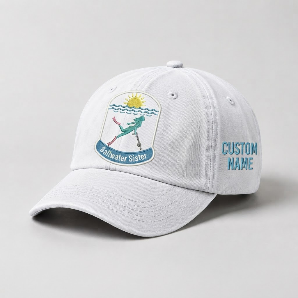 Spearfishing Hats For Women, Custom Saltwater Sister Hat, Personalized Diving Gift, Embroidered Ocean Cap, Scuba Diver Merch